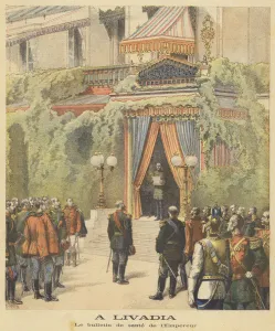 Reading the latest bulletin regarding the tsar's health at the Livadia Palace (colour litho) Reading the latest bulletin regarding the tsar's health at the Livadia Palace (colour litho)