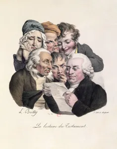 Reading the Will, engraved by Francois Seraphin Delpech (1778-1825) (colour litho) Reading the Will, engraved by Francois Seraphin Delpech (1778-1825) (colour litho)
