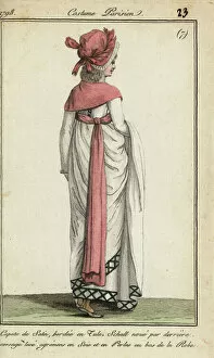 Rear view of woman in the fashions of 1798 (handcoloured copperplate engraving)