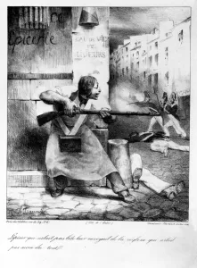 Rebel grocer fires on the gendarmes during the July Revolution, 1830 (litho) Rebel grocer fires on the gendarmes during the July Revolution, 1830 (litho)