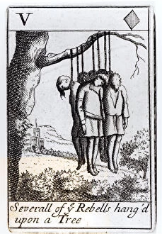 Images Dated 25th January 2006: Several Rebels Hanged from a Tree, five of hearts playing card from a set commemorating