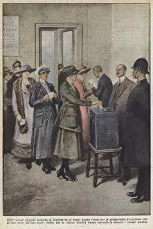 In the recent general elections in England, women voted for the first time (colour litho)
