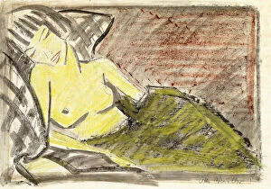 Reclining Woman, c.1925 (coloured wax crayons over brush and black ink on paper)