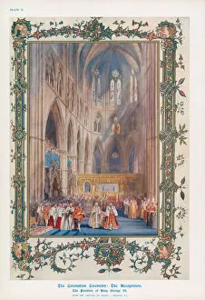 The recognition during the ceremony of the Coronation of King George VI in Westminster Abbey, London (colour litho)