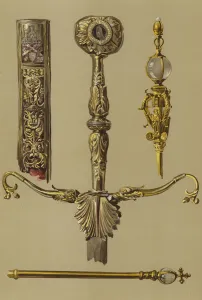 The Regalia of Scotland, Enlargements of Sceptre, Sword and Scabbard, and Mace, to half real size (chromolitho) The Regalia of Scotland, Enlargements of Sceptre, Sword and Scabbard, and Mace, to half real size (chromolitho)