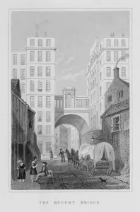 The Regent Bridge, Edinburgh, engraved by Thomas Barber, 1829 (engraving) (b/w photo) The Regent Bridge, Edinburgh, engraved by Thomas Barber, 1829 (engraving) (b/w photo)