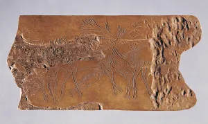Reindeer horn carved with deer and leaping salmon, from the Grotte de Lortet, Magdalenian Reindeer horn carved with deer and leaping salmon, from the Grotte de Lortet, Magdalenian