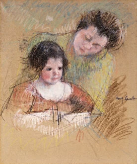 Motherly Gallery: Reine Leaning over Margots Shoulder, (pastel on tan paper laid down on paper)