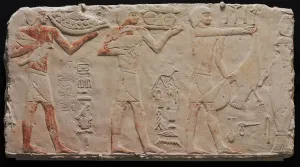 Relief of Three Offering Bearers, from Saqqara, c.2311-2281 BC (painted limestone) Relief of Three Offering Bearers, from Saqqara, c.2311-2281 BC (painted limestone)