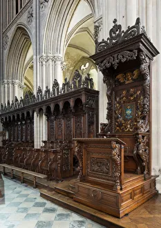 Renaissance stalls of 1589 and episcopal throne in the arms of Bishop Jean Barde, Cathedral of Saint Vincent of Bayeux Renaissance stalls of 1589 and episcopal throne in the arms of Bishop Jean Barde, Cathedral of Saint Vincent of Bayeux