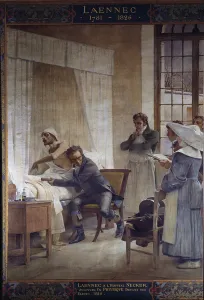 Rene Laennec auditing a phtic in front of her students. Rene-Theophile-Hyacinthe Laennec Rene Laennec auditing a phtic in front of her students. Rene-Theophile-Hyacinthe Laennec