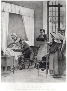 Rene Theophile Hyacinthe Laennec (1781-1826) listening to the chest of a man with Rene Theophile Hyacinthe Laennec (1781-1826) listening to the chest of a man with