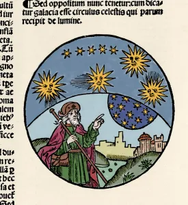 Representation of the Greek philosopher Aristotle (384-322 BC) indicating the stars Representation of the Greek philosopher Aristotle (384-322 BC) indicating the stars