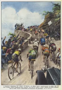 Car Motor Gallery: The resounding enthusiasm of the Guerra and Binda fans characterized the first phase of the Giro d Italia (colour litho)