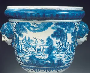 Reverse detail of large Delft blue and white mythological garden urn in the Baroque style Reverse detail of large Delft blue and white mythological garden urn in the Baroque style