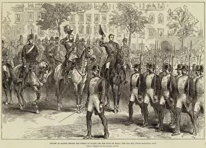 Review at Madrid before the Prince of Wales and the King of Spain, the Guardia Civile marching past (engraving)