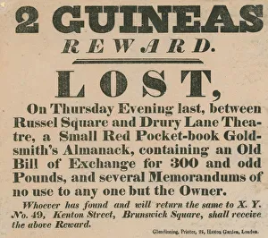 Reward notice offering 2 guineas for the return of a small red pocket-book (engraving) Reward notice offering 2 guineas for the return of a small red pocket-book (engraving)