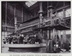 The Richards 35-foot diameter vertical boring and turning mill (b/w photo) The Richards 35-foot diameter vertical boring and turning mill (b/w photo)