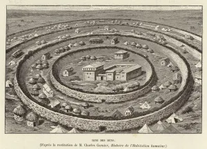 Ring des Huns. Ring shaped fortifications protecting a settlement of the Huns (engraving) Ring des Huns. Ring shaped fortifications protecting a settlement of the Huns (engraving)