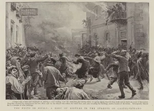The riots in Sicily, a body of rioters in the streets of Castelvetrano (litho) The riots in Sicily, a body of rioters in the streets of Castelvetrano (litho)