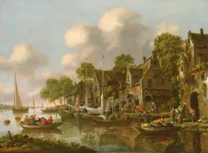 A river landscape with boats and figures by a tavern, 17th century A river landscape with boats and figures by a tavern, 17th century