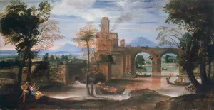River landscape with castle and bridge, c.1598 (oil on canvas) River landscape with castle and bridge, c.1598 (oil on canvas)