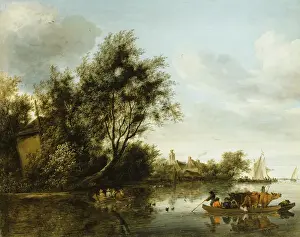 A River Landscape with a Hayloft among Trees and a Ferryboat with Passengers and Cattle A River Landscape with a Hayloft among Trees and a Ferryboat with Passengers and Cattle