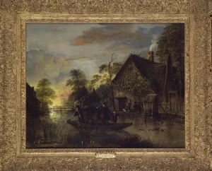 A River Landscape with Peasants Ferrying a Bull, Peasants by a Cottage Beyond A River Landscape with Peasants Ferrying a Bull, Peasants by a Cottage Beyond