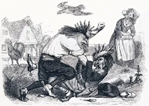 The two roasters (Les deux coqs) - Fables by La Fontaine, 19th century (engraving) The two roasters (Les deux coqs) - Fables by La Fontaine, 19th century (engraving)