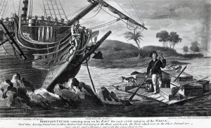Robinson Crusoe carrying away on his raft the most useful remains of the wreck (engraving) Robinson Crusoe carrying away on his raft the most useful remains of the wreck (engraving)