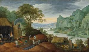 A rocky landscape with figures by an iron foundry, a river and houses on the bank beyond A rocky landscape with figures by an iron foundry, a river and houses on the bank beyond