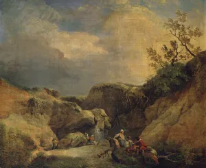 A Rocky Wooded Landscape with Travellers Conversing by a Waterfall (oil on canvas) A Rocky Wooded Landscape with Travellers Conversing by a Waterfall (oil on canvas)