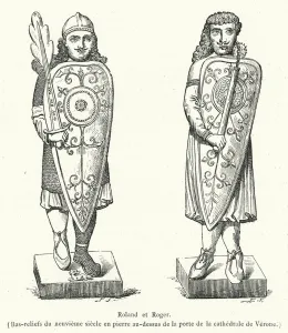 Roland et Roger, Bas-reliefs du neuvieme siecle en pierre au-dessus de la porte de la cathedrale de Verone (engraving) Roland et Roger, Bas-reliefs du neuvieme siecle en pierre au-dessus de la porte de la cathedrale de Verone (engraving)
