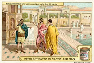 The Roman Emperor Caracalla inspecting public baths he had built (chromolitho)