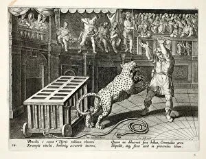 The Roman Emperor Commodus fires an arrow to subdue a leopard which has escaped from its cage in the arena