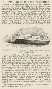 East Yorkshire Gallery: A Roman Pig of Lead discovered at South Cave, East Yorkshire (engraving)