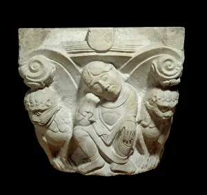 Romanesque art: Corinthian marble capital: the Christian martyrdom Daniel in the lion pit Romanesque art: Corinthian marble capital: the Christian martyrdom Daniel in the lion pit