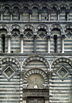 Romanesque art: detail of the polychrome facade, 12th-14th century Romanesque art: detail of the polychrome facade, 12th-14th century