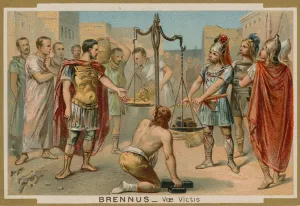 The Romans trying to buy their salvation from the Gaulish chief Brennus, 4th Century BC (chromolitho) The Romans trying to buy their salvation from the Gaulish chief Brennus, 4th Century BC (chromolitho)