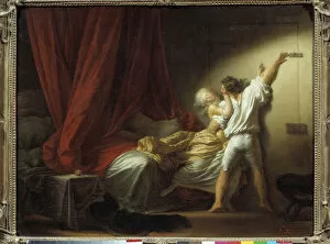 The Romantic Scene lock depicting a young man preventing his mistress from leaving the bedroom in bed