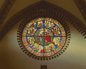 Rose window depicting the Coronation of the Virgin, 1365 (stained glass) Rose window depicting the Coronation of the Virgin, 1365 (stained glass)