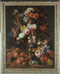 Roses, dahlias, convolvulus, a tulip and other flowers, in a sculpted urn, with grapes Roses, dahlias, convolvulus, a tulip and other flowers, in a sculpted urn, with grapes