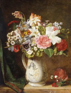 Roses Tulips and other Flowers in a Porcelain Tankard on a Draped Ledge, (oil on canvas) Roses Tulips and other Flowers in a Porcelain Tankard on a Draped Ledge, (oil on canvas)