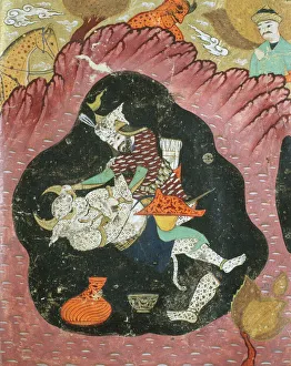 Rostam killing the White Demon in a cave, illustration from the Shahnama (Book of Kings) by Abu' Rostam killing the White Demon in a cave, illustration from the Shahnama (Book of Kings) by Abu'