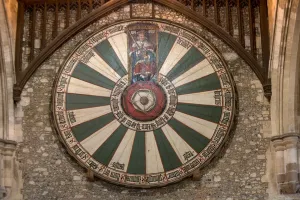 Round oak table painted with the Tudor rose with King Arthur ( Henry 8th Round oak table painted with the Tudor rose with King Arthur ( Henry 8th