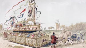 A Royal Barge being Pulled on a Wagon by Horses to a Canal in the 16th Century, 1886 A Royal Barge being Pulled on a Wagon by Horses to a Canal in the 16th Century, 1886