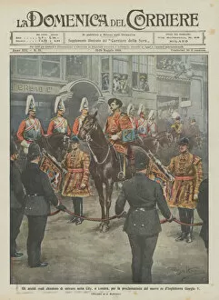The royal heralds ask to enter the City, in London, for the proclamation of the new... (colour litho)