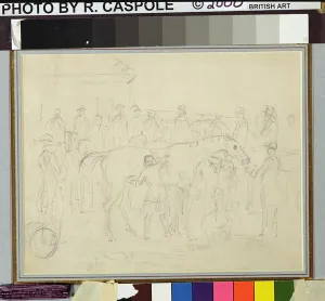 Rubbing down a horse in a paddock at a racetrack (pencil & w/c on paper) Rubbing down a horse in a paddock at a racetrack (pencil & w/c on paper)