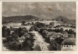 Rue et barracks de Freetown, Sierra Leone, engraving after the drawing of A Rue et barracks de Freetown, Sierra Leone, engraving after the drawing of A