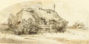 Rundown Gallery: Ruined thatched cottage overgrown with bushes (pen & ink and wash on paper)